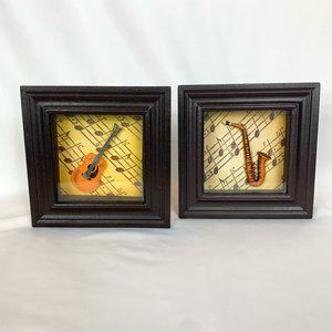 Framed Guitar and Saxophone Shadowboxes Glass Front Brown Trim Vintage